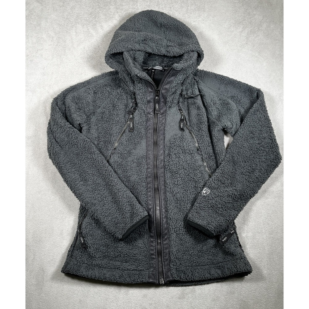 Kuhl Flight Jacket Women XS Gray Fleece‎ Full Zip/Pockets Pull Out Hood Fuzzy